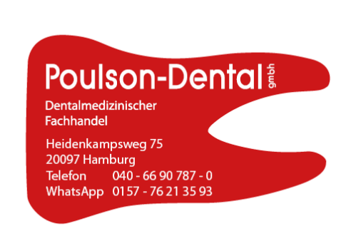 Roter Zahn mit weißer Logoschrift Poulson-Dental GmbH
