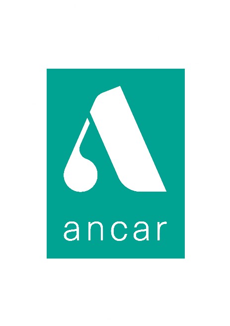 Ancar Logo quadratisch Türkis mit großem weißem A im oberen drittel und Ancar schriftzug darunter